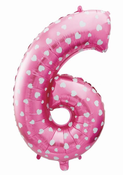 Folienballon - Zahl 6: Pinke Zahl mit Herzen-​ ø 61cm